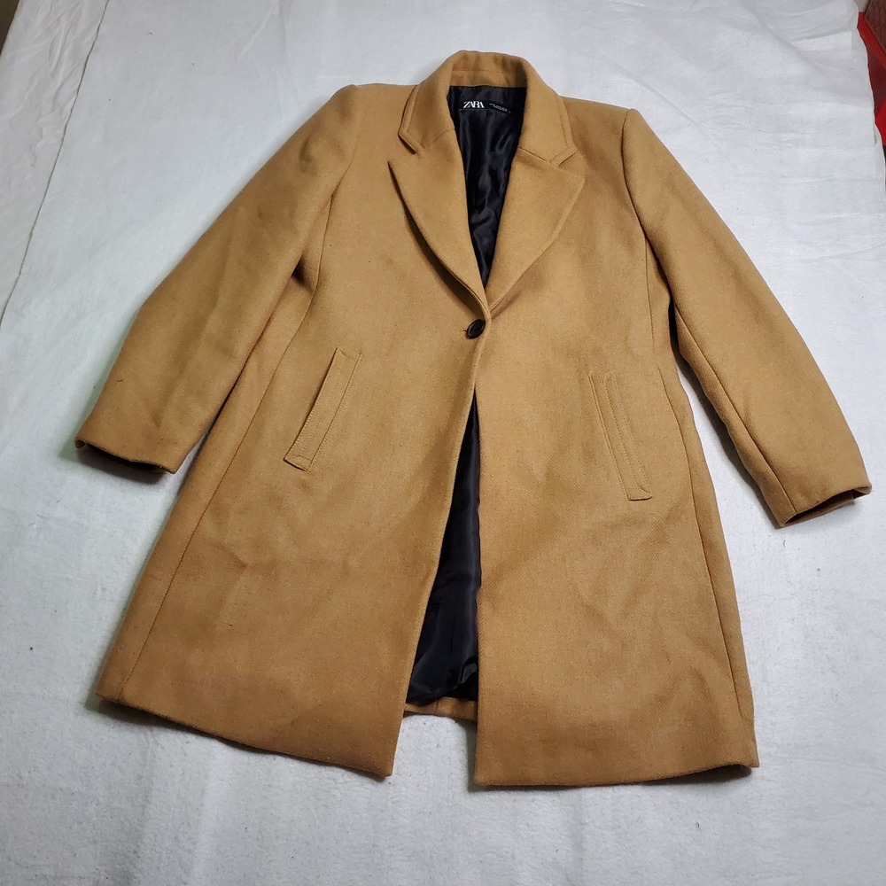 Zara Womens Overcoat Camel Tan Single Button Long Sleeve XL